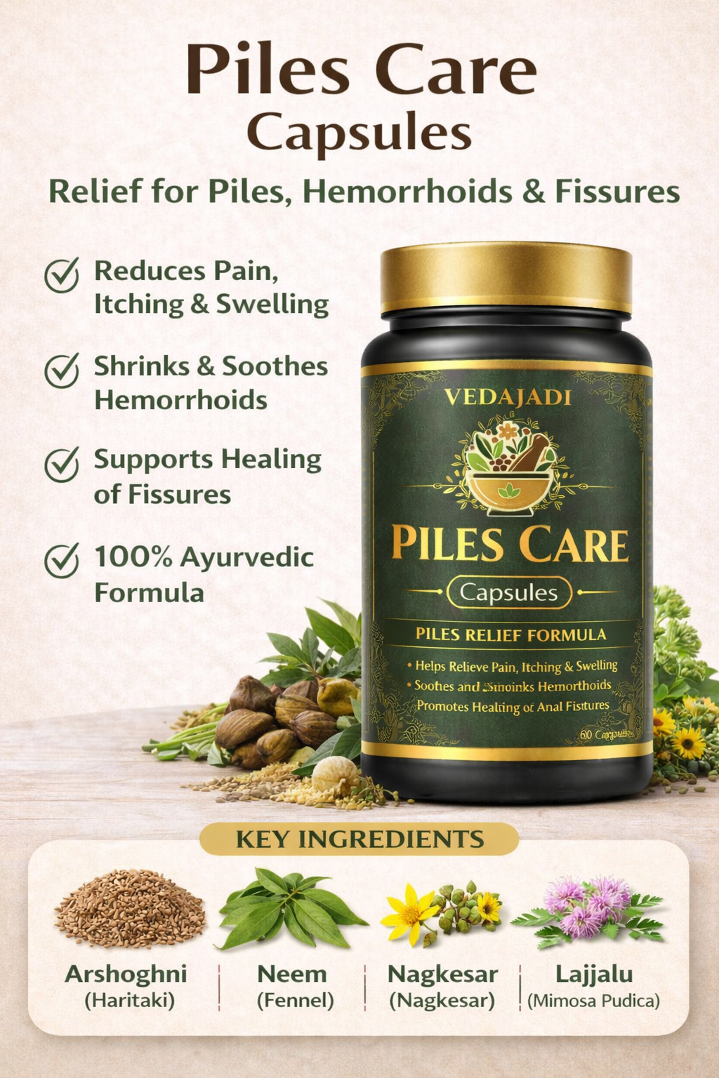 VedaJadi Piles Care Capsules – Ayurvedic Relief for Piles, Hemorrhoids & Fissures (60 Capsules)