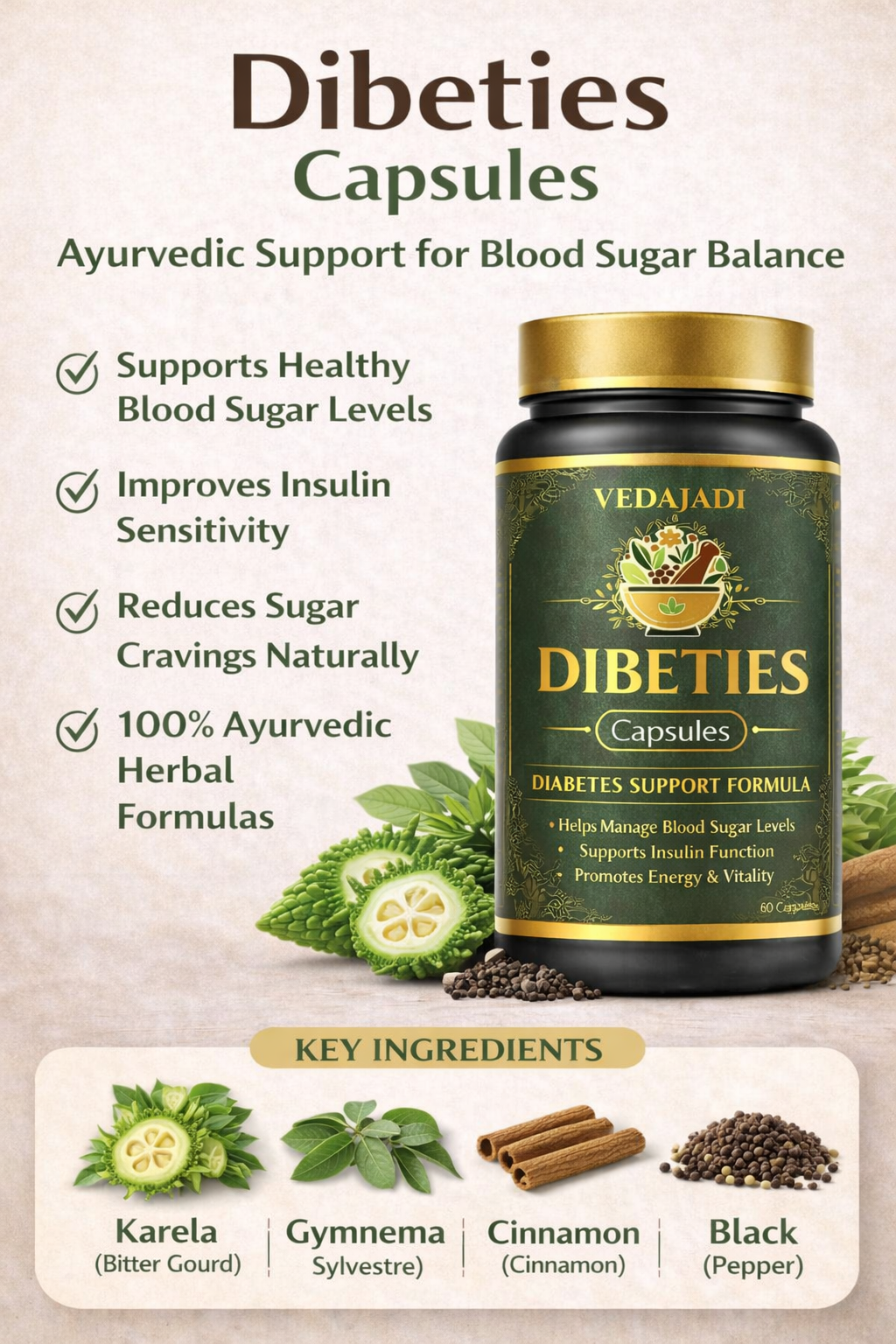 VedaJadi Dibeties Capsules – Ayurvedic Diabetes Support Formula for Blood Sugar Balance (60 Capsules)