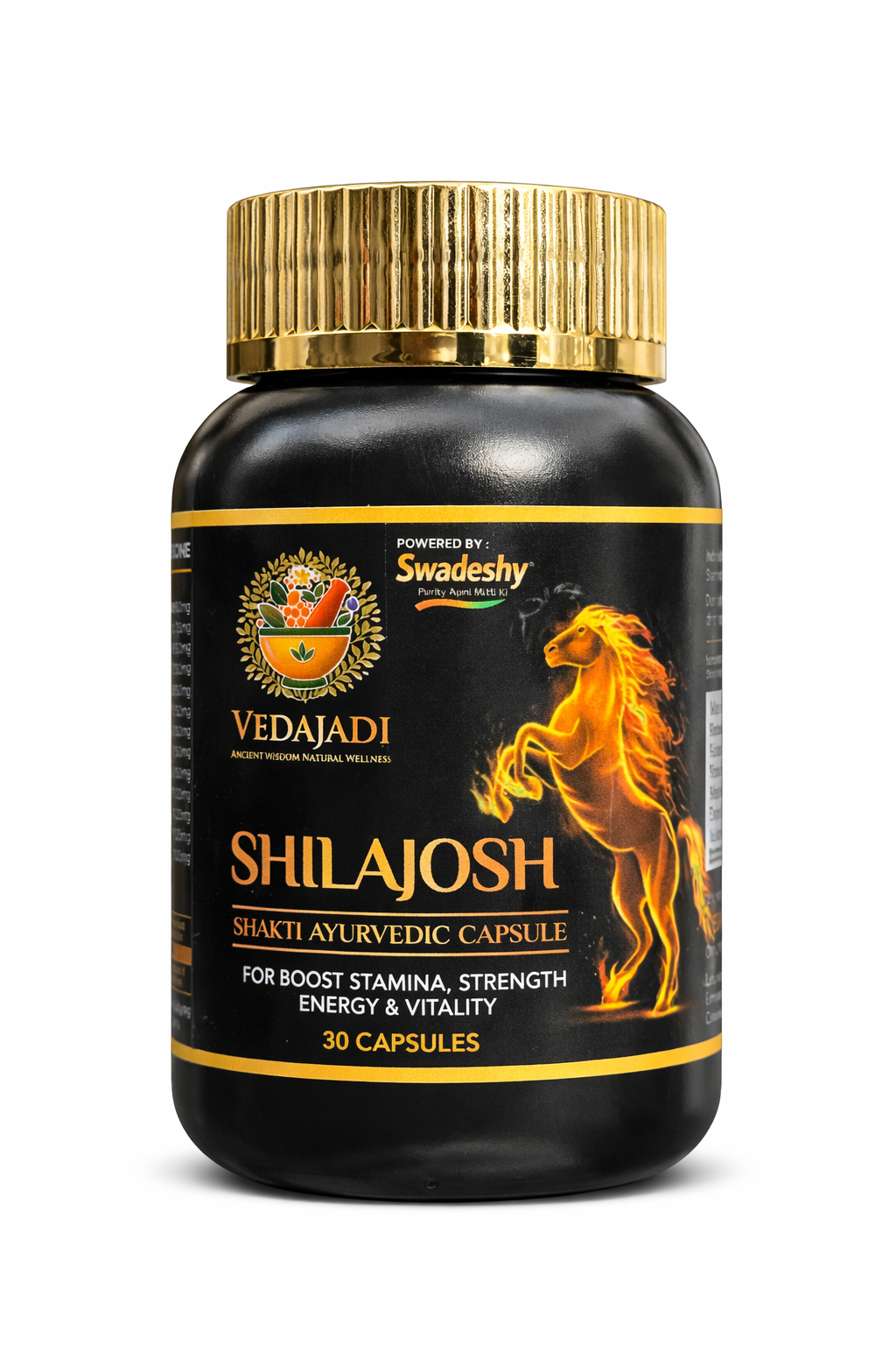 Vedajadi Shilajosh Ayurvedic capsule bottle with gold cap on a white background